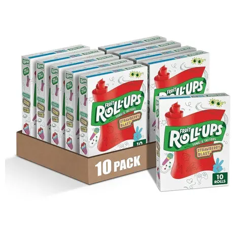 10 Boxes Of 10 Fruit Roll-Ups Strawberry Blast Snacks 1