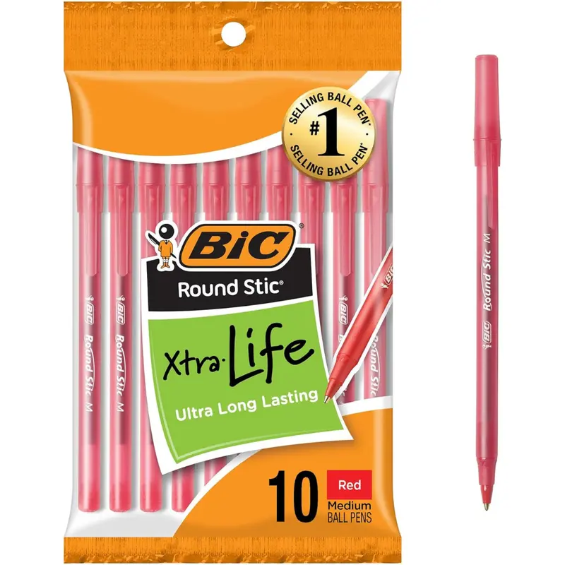10-Count Bic Round Stic Xtra Life Red Ballpoint Pens 1