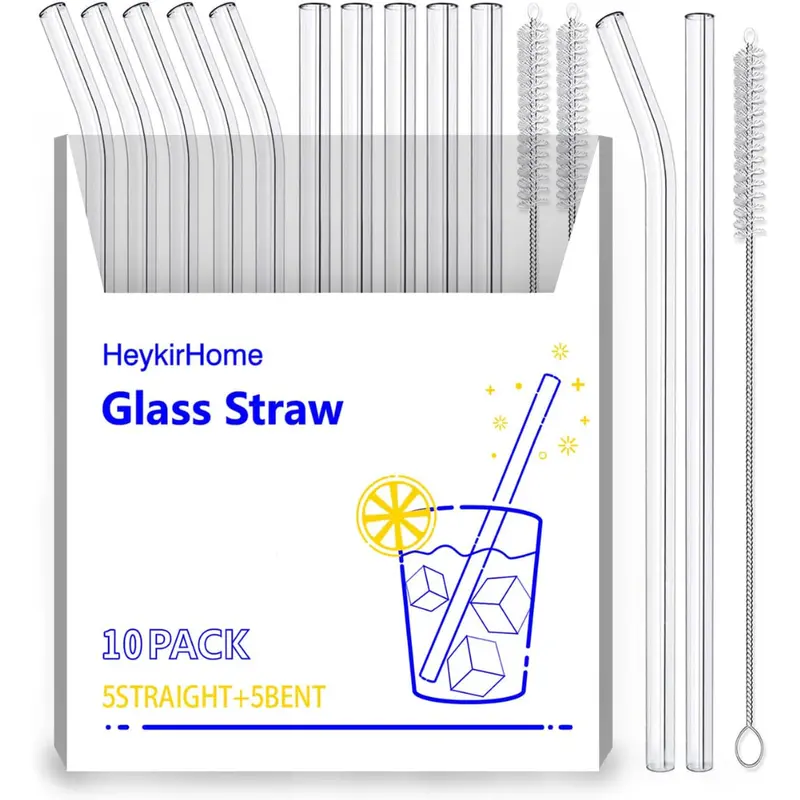 10-Pack Reusable Glass Straws Set With 2 Cleaning Brushes (8.5" X 10Mm) 1