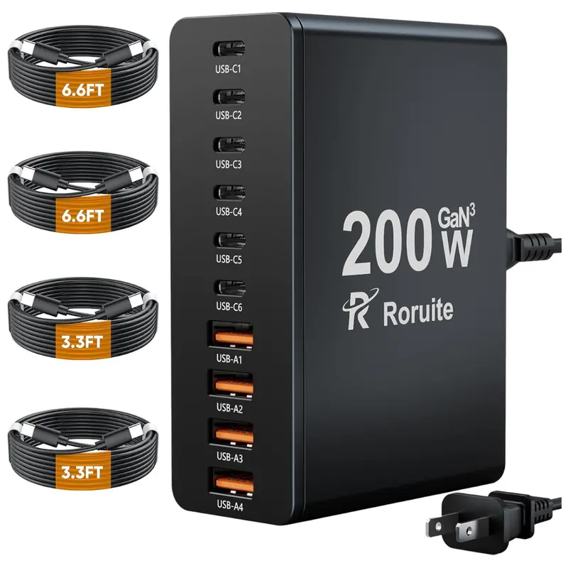 10-Port Roruite 200W Usb-C Charger Block W/ 4 Cables 1