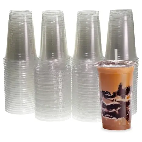 100 12Oz Or 20Oz Clear Plastic Cups With Flat Lids & Straws 1