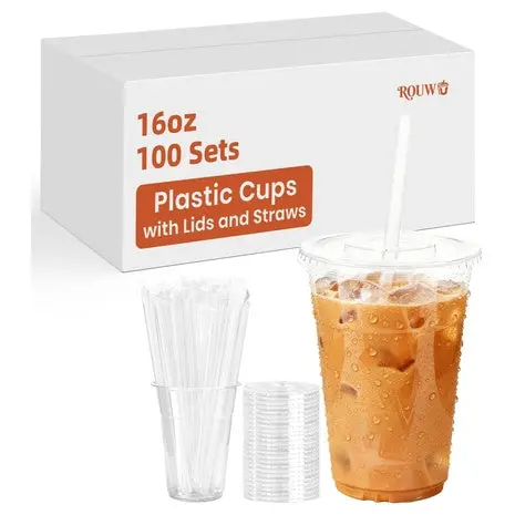 100 16Oz Clear Plastic Cups With Lids & Straws 1