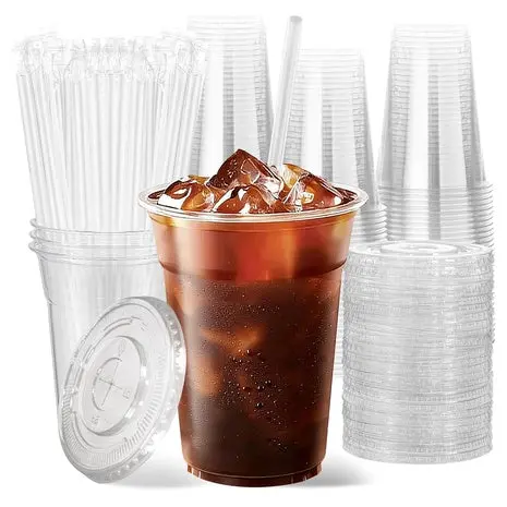 100 16Oz Clear Plastic Cups With Lids & Straws 1