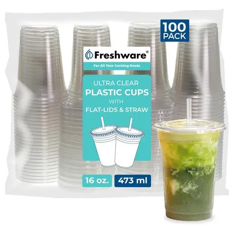 100 16Oz Or 20Oz Freshware Clear Plastic Cups With Flat Lids 1