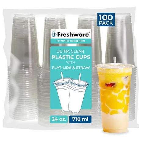 100 24Oz Clear Plastic Cups With Lids & Straws 1