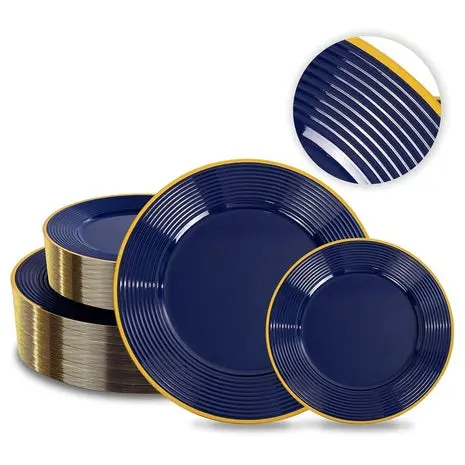 100 Blue And Gold Plastic Plates 1
