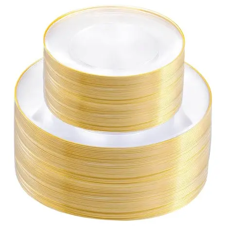 100 Clear And Gold Dinner & Dessert Plastic Plates 1