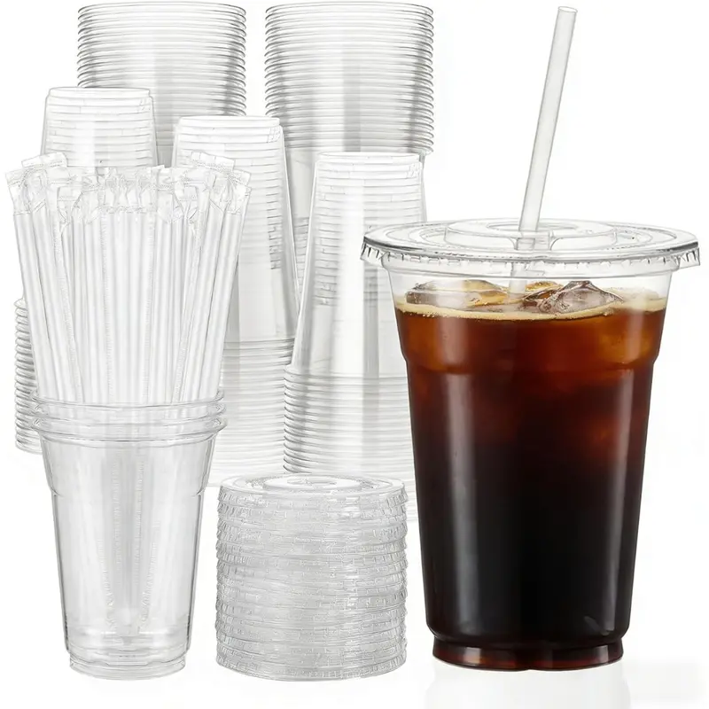 100-Count 16Oz Clear Plastic Cups With Lids And Straws 1