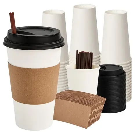 100 Disposable Paper Coffee Cups With Lids, Sleeves & Stirrers 1