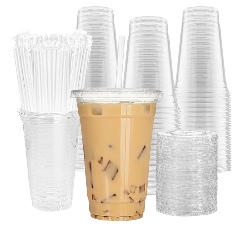100-Pack 20-Oz Cundao Clear Plastic Cups With Lids & Straws 1