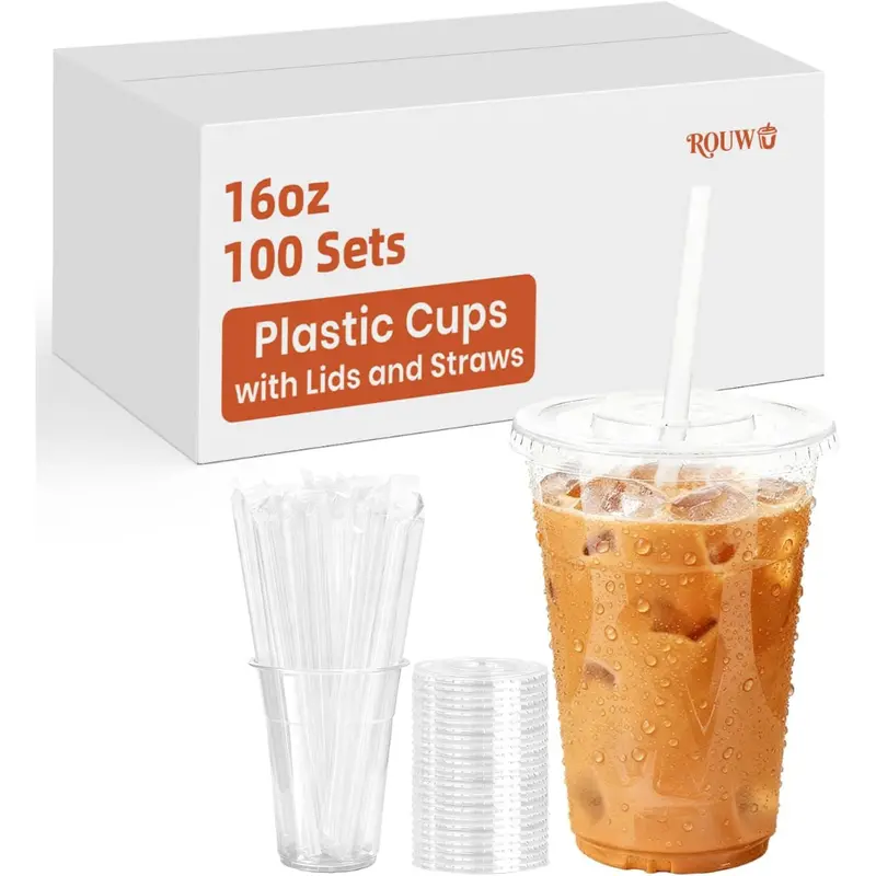 100-Pack Rouwu 16 Oz Plastic Cups With Lids And Straws 1