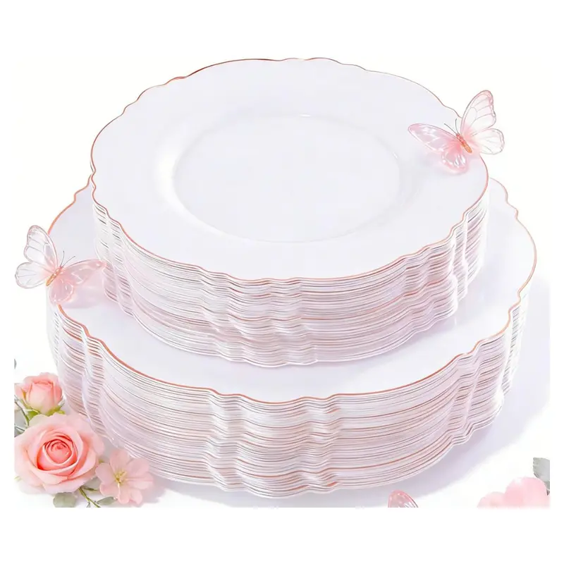 100-Pieces Wdf Rose Gold Plastic Plates-Baroque Disposable Plates 1