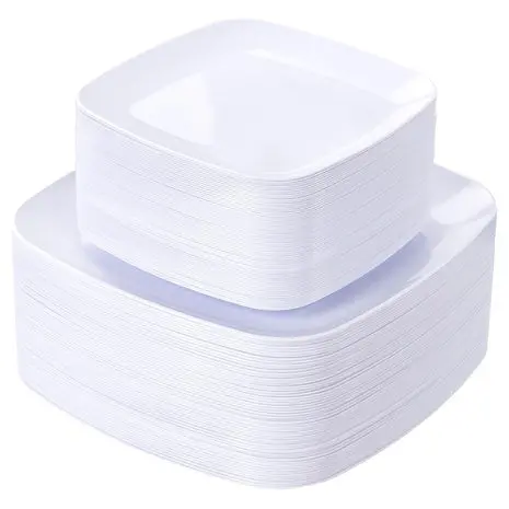 100 White Square  Plastic Plates 1