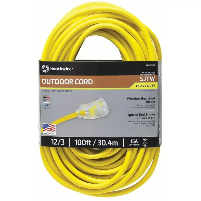 100Ft Southwire Outdoor 12/3 Sjtw Heavy Duty 15-Amp Extension Cord 1