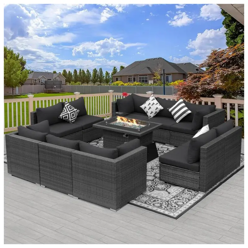 11-Piece 10-Seat Wicker Patio Fire Pit Deep Seating Sofa Set 1