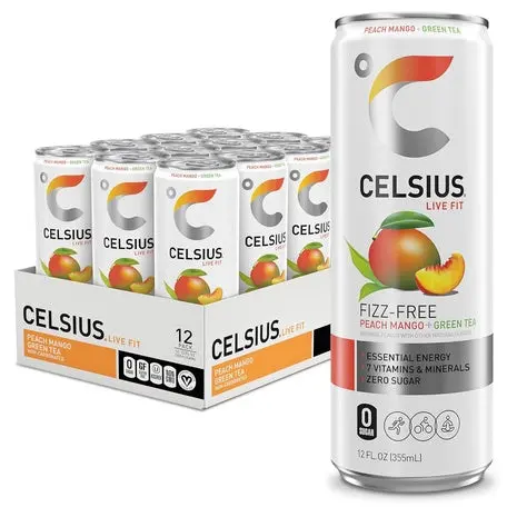 12 Cans Of Celsius Fizz Free Peach Mango Green Tea 1