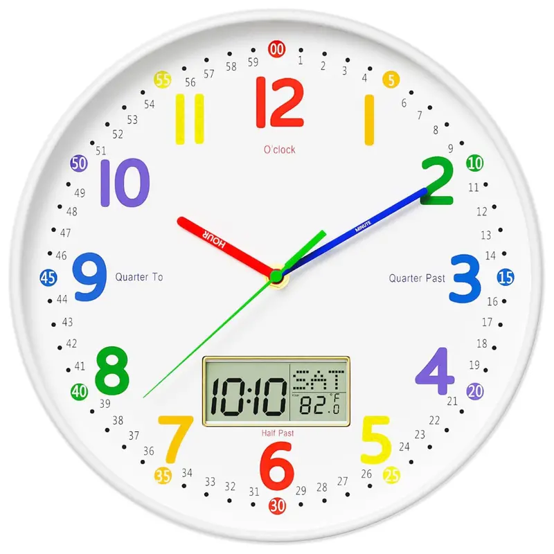 12" Silent Teaching Wall Clock With Lcd Display (White) 1