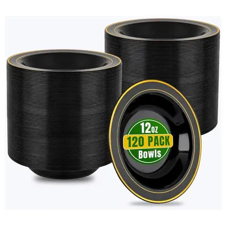 120 Black Plastic Bowls With Gold Rim 1
