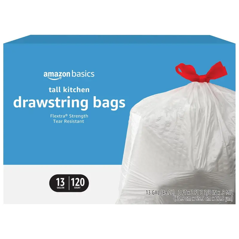 120-Count 13-Gal Amazon Basics Flextra Tall Kitchen Drawstring Trash Bags 1