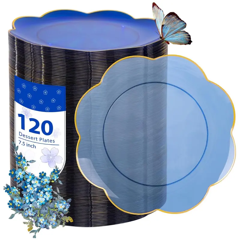120-Pack 7.5" Heavy-Duty Clear Blue Dessert Disposable Plates 1