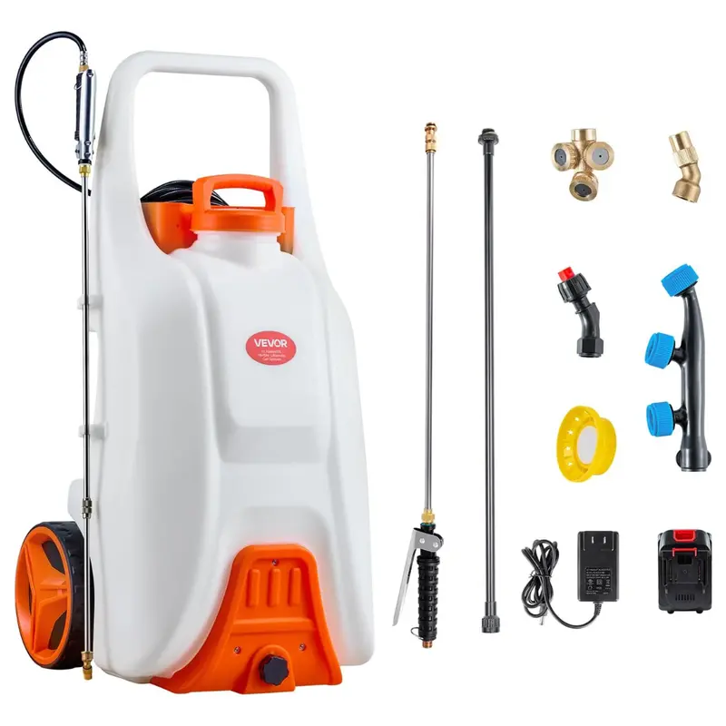 13.1-Gal Vevor Battery Powered Wheeled Sprayer W/ 5 Nozzles & 98Ft Hose 1