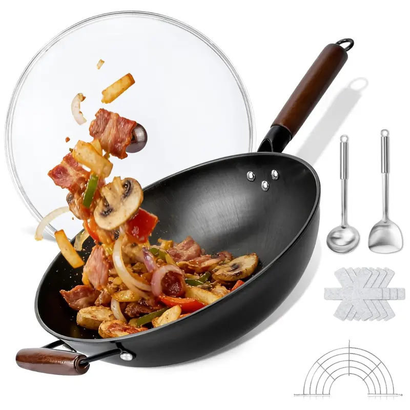 13" Carbon Steel Nonstick Stir-Fry Wok With Lid 1