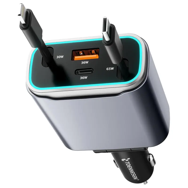 131W 4-In-1 Usb-C Retractable Car Charger With Dual Cables 1