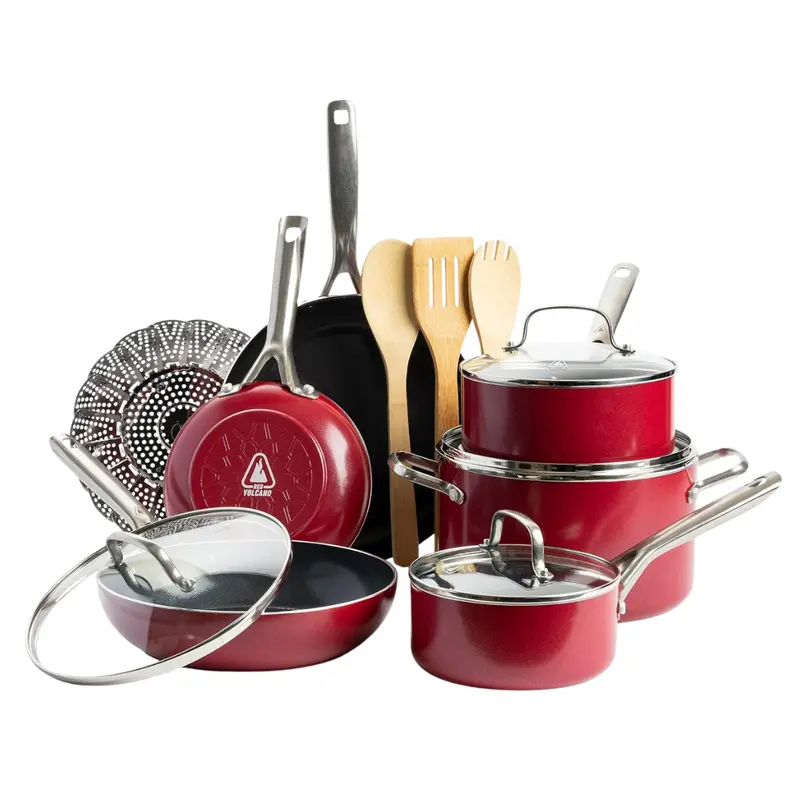 14-Piece Red Volcano Ceramic Nonstick Cookware Set 1