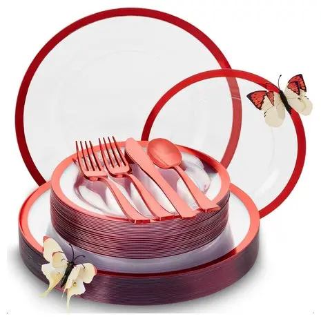 150 Piece Clear And Red Plastic Plates 1