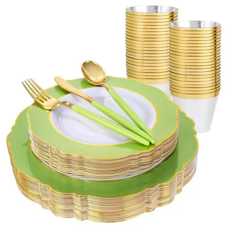 150-Piece Green & Gold Plastic Dinnerware Set 1
