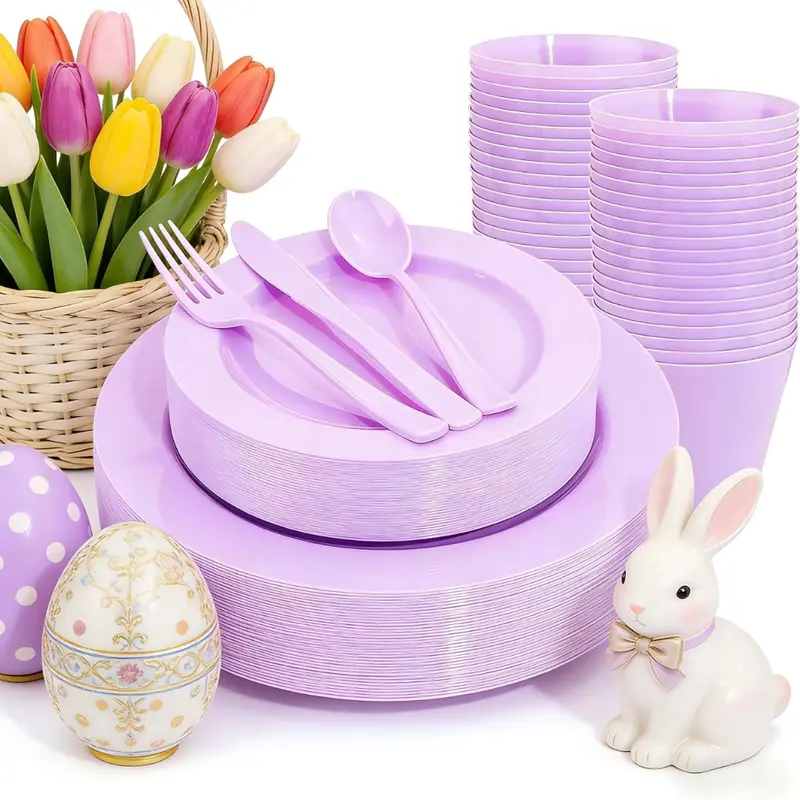 150-Piece Purple Disposable Dinnerware Set With Plates 1