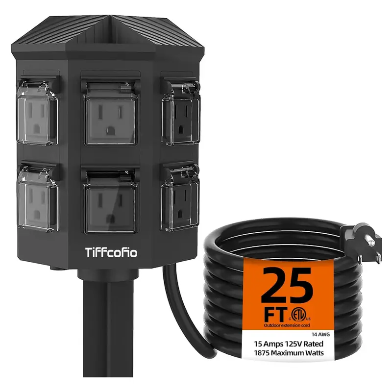 15A/1875W Outdoor Power Strip W/ 25Ft Extension Cord & Stake 1