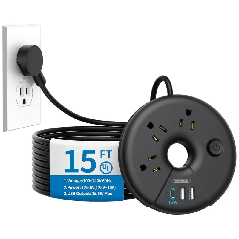 15Ft Extra Long Flat Plug Power Strip W/ Multiple Outlets 1