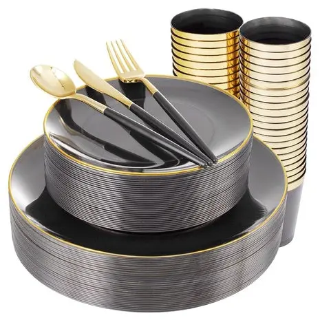 180-Piece Black And Gold Plastic Dinnerware Set 1
