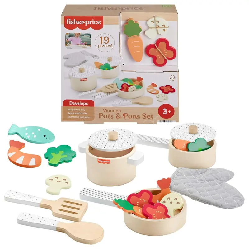 19-Piece Fisher-Price Wood Kitchen Pretend Play Toy Pots & Pans Set 1