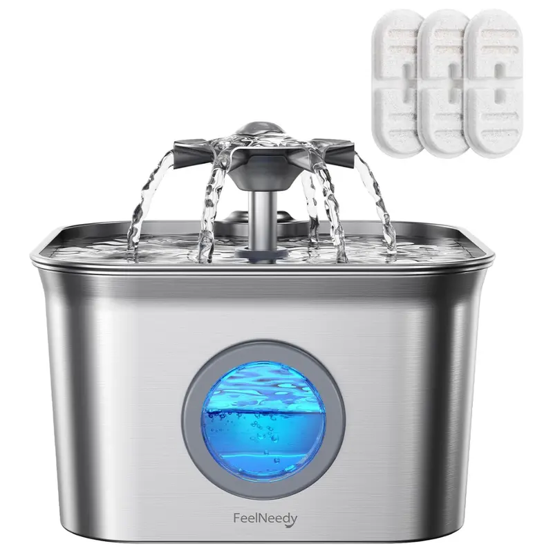 2.8L Feelneedy Stainless Steel Pet Water Fountain W/ 3-Count Filters 1