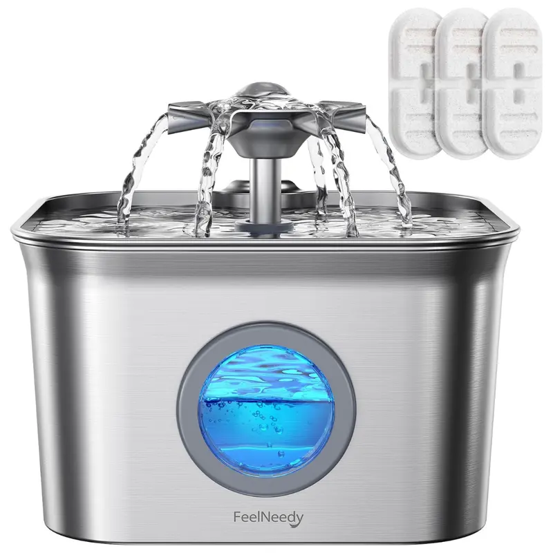 2.8L Feelneedy Stainless Steel Pet Water Fountain W/ 3-Count Filters 1