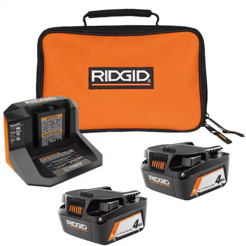 2-Count Ridgid 4.0Ah Lithium Ion Battery Starter Kit With Charger & Bag 1