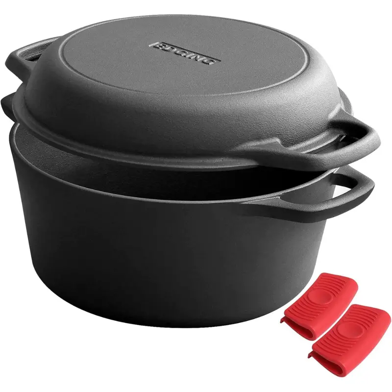 2-In-1 Pre-Seasoned 5-Qt Cast Iron Dutch Oven Pot W/ Skillet Lid 1