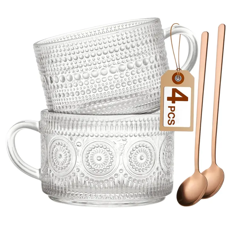 2-Pack 14-Oz Mfacoy Vintage Embossed Glass Coffee Mugs 1