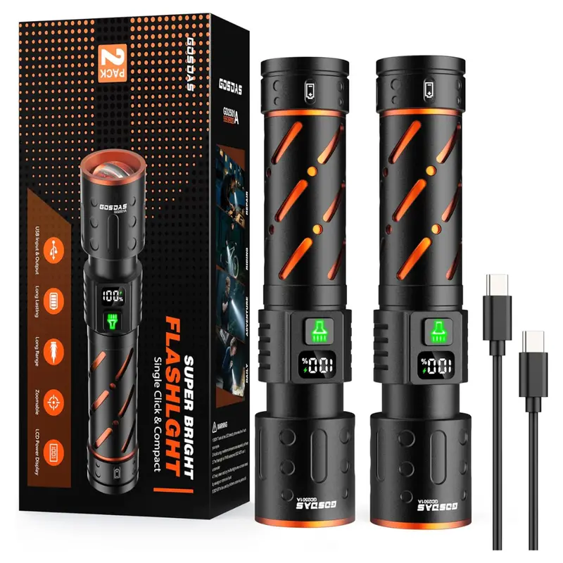 2-Pack 30W 100000-Lumens Rechargeable Flashlights W/ 3-Modes 1