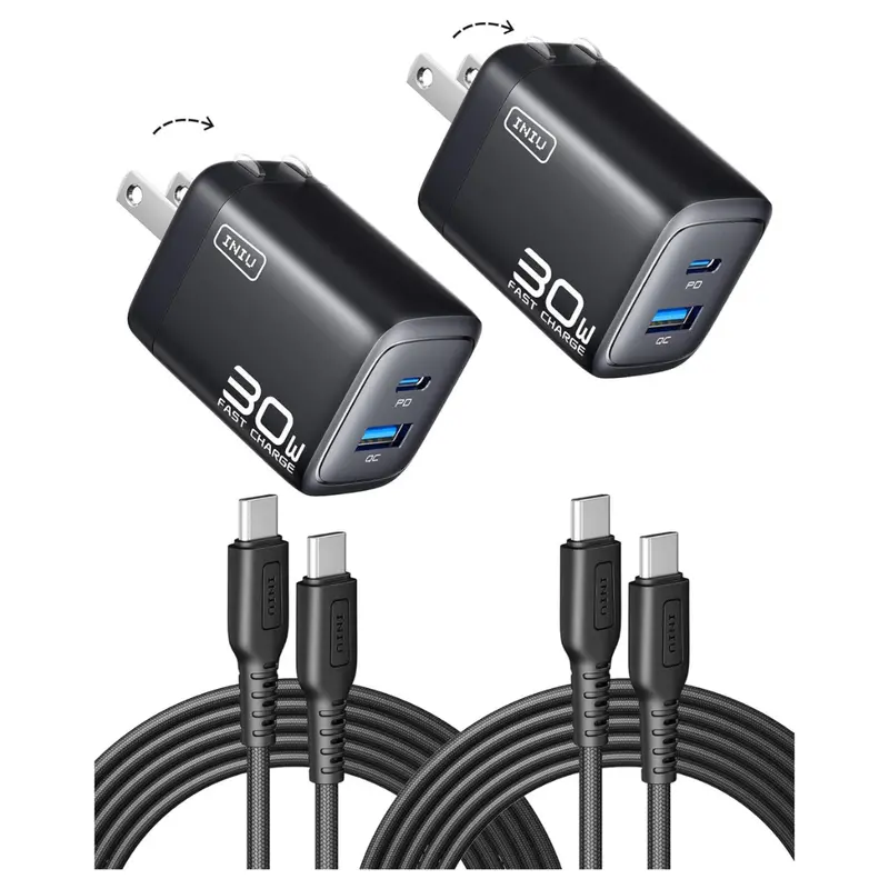 2-Pack 30W Iniu 2-Port Usb-C & Usb-A Wall Charger W/ 2 X 5-Ft Cables 1