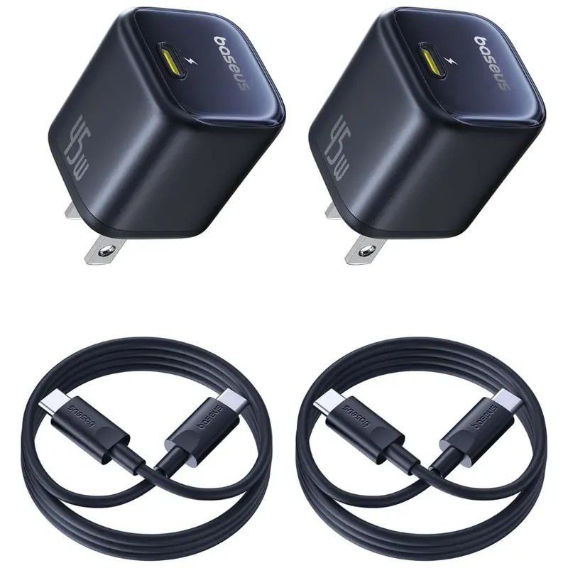 2-Pack 45W Baseus Usb-C Gan6 Fast Wall Charger W/Usb-C Cables 1