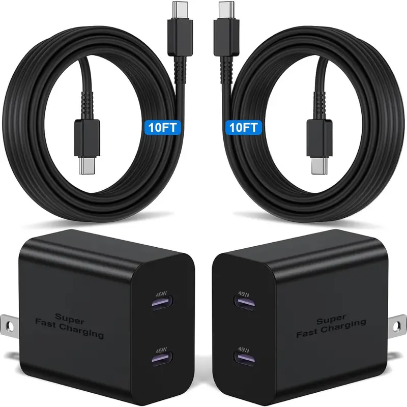 2-Pack 45W Dual Port Usb-C Super Fast Charger Adapter W/ 10-Ft Cable 1