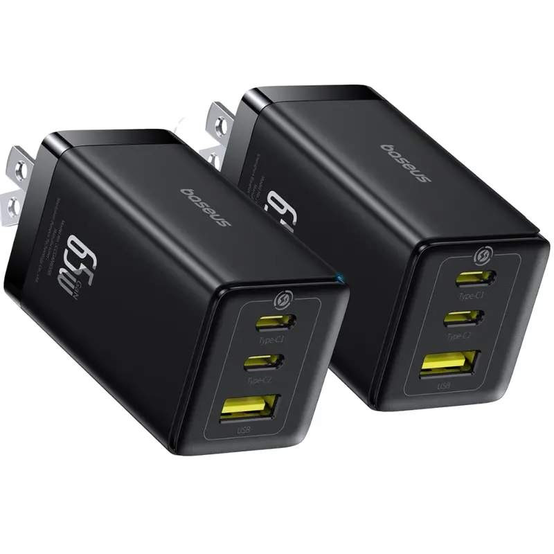 2-Pack 65W Baseus Foldable Gan 3-Port Usb-C & Usb-A Wall Chargers 1