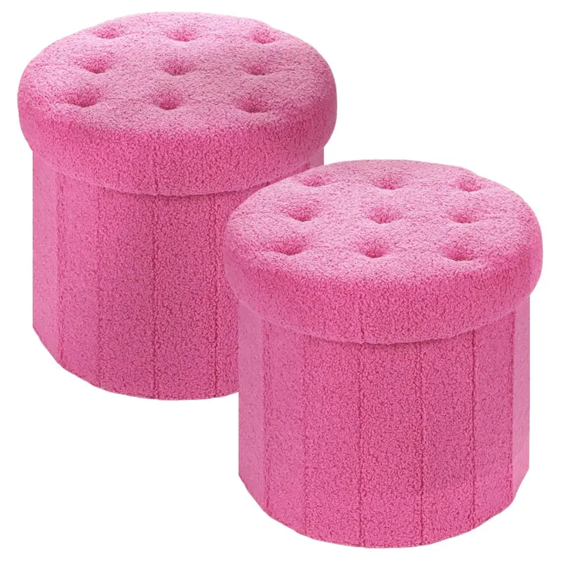 2-Pack Folding Footrest Pink Round Ottoman With Storage 1