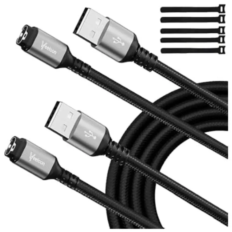 2-Pack Veeloon 4' Right-Angle Garmin Watch Charger Cable 1