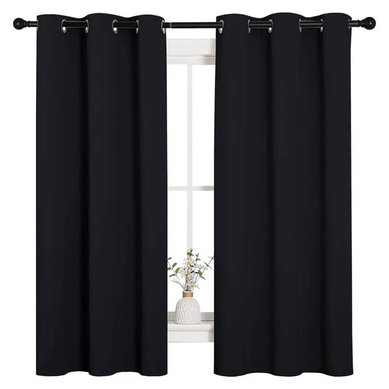 2-Panels Pitch Black Solid Thermal Insulated Grommet Curtains 1