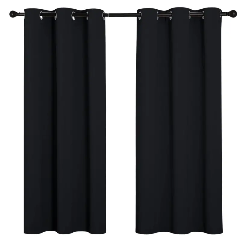 2-Panels Pitch Black Solid Thermal Insulated Grommet Curtains 1