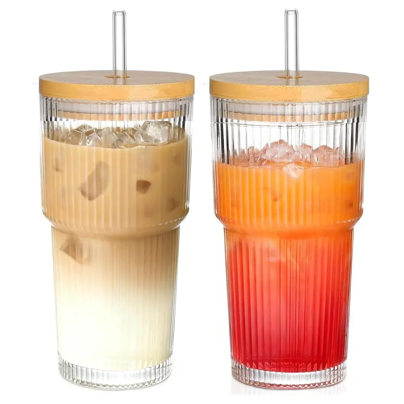 2-Piece 20Oz Ribbed Glass Coffee Cups With Lids And Straw 1